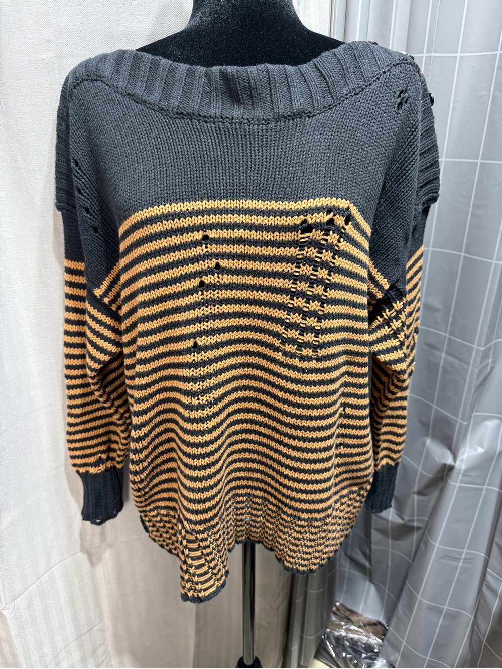 Striped Open-Knit Sweater | BDG Black + Mustard Size S | Lollie Closet